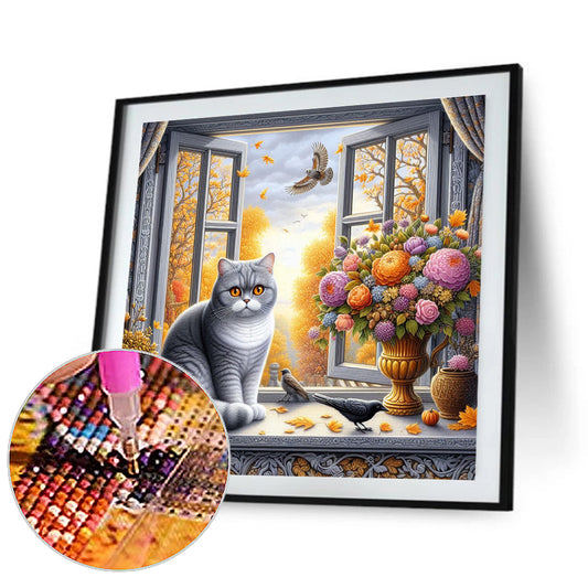 Diamond Painting - Full Round - Autumn and cat outside the window (40*40CM)