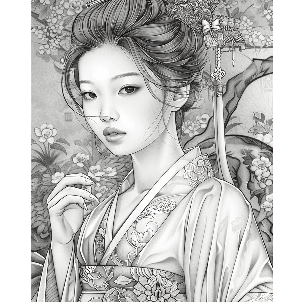 Diamond Painting - Full Round - Black and white line drawing woman (40*50CM)