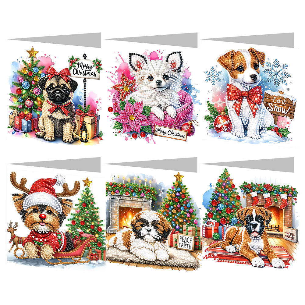 6Pcs Christmas Dogs DIY Diamond Painting Card Diamond Drawing Greeting Card