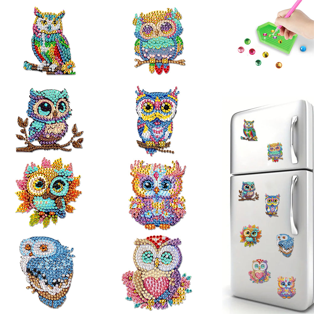 8Pcs Acrylic Cute Owl Diamond Painting Refrigerator Magnet for Car Mailbox Decor