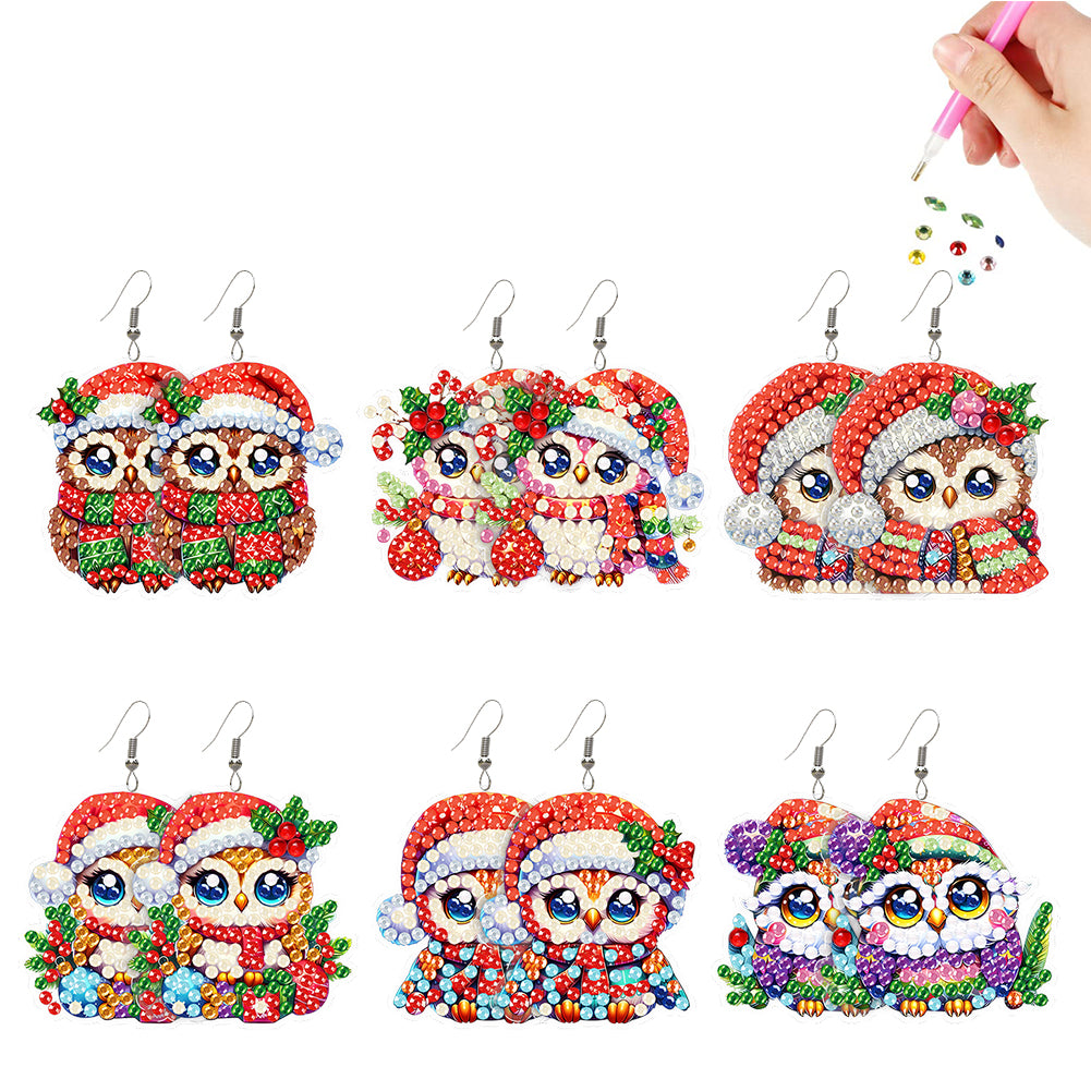 6 Pairs Double Sided Christmas Owl Diamond Painting Earrings for Women Girls