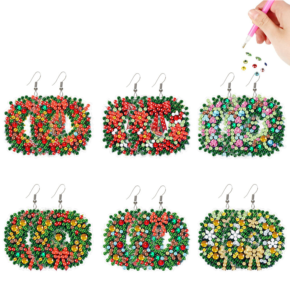 6 Pairs Double Sided Christmas Wreath Diamond Painting Earrings Jewelry