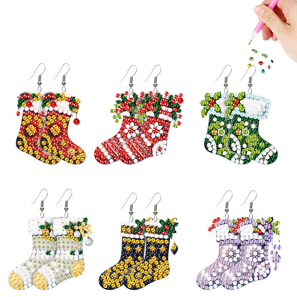 6 Pairs Double Sided Christmas Socks Diamond Painting Earrings for Women Girls