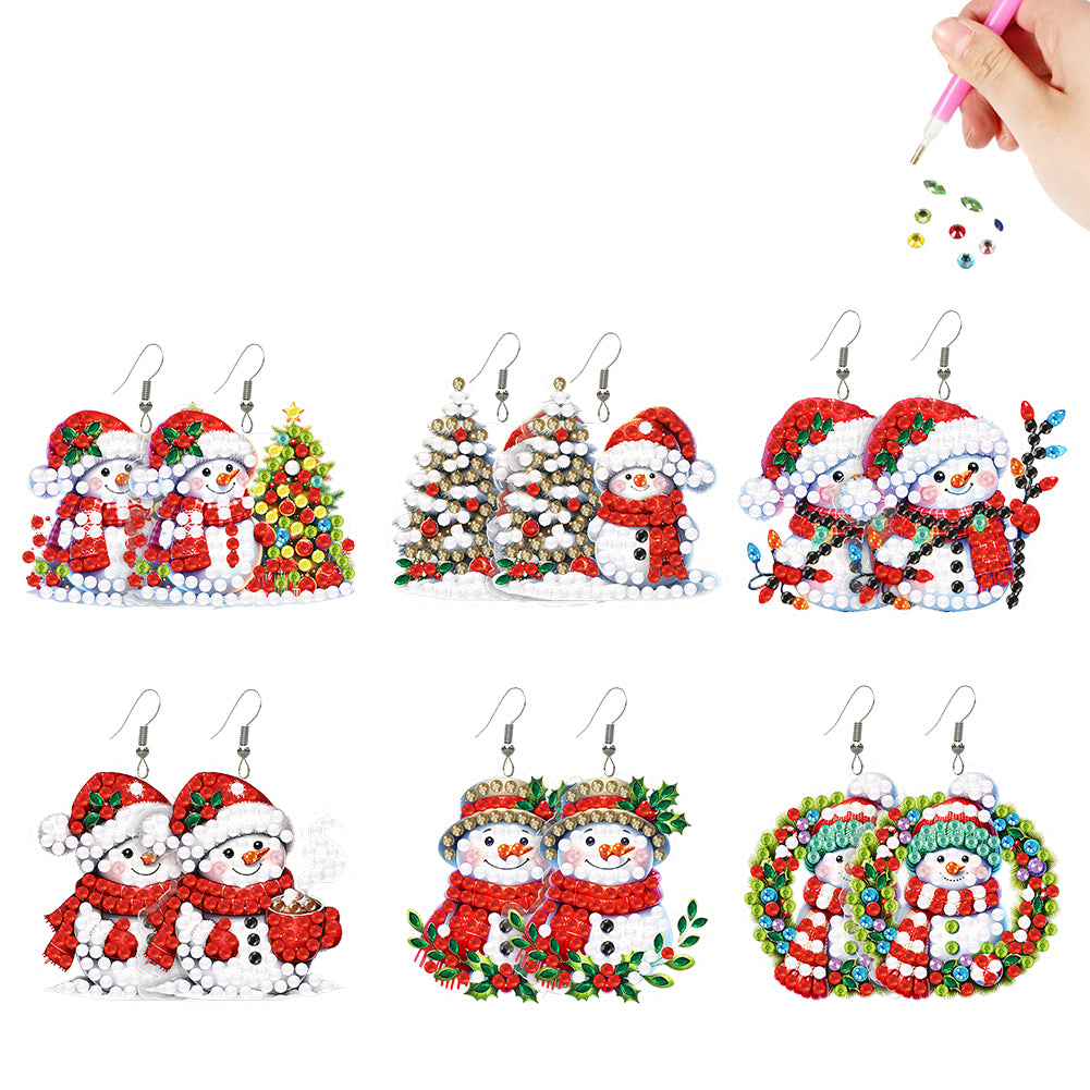 6 Pairs Double Sided Christmas Snowman Diamond Painting Earrings Jewelry