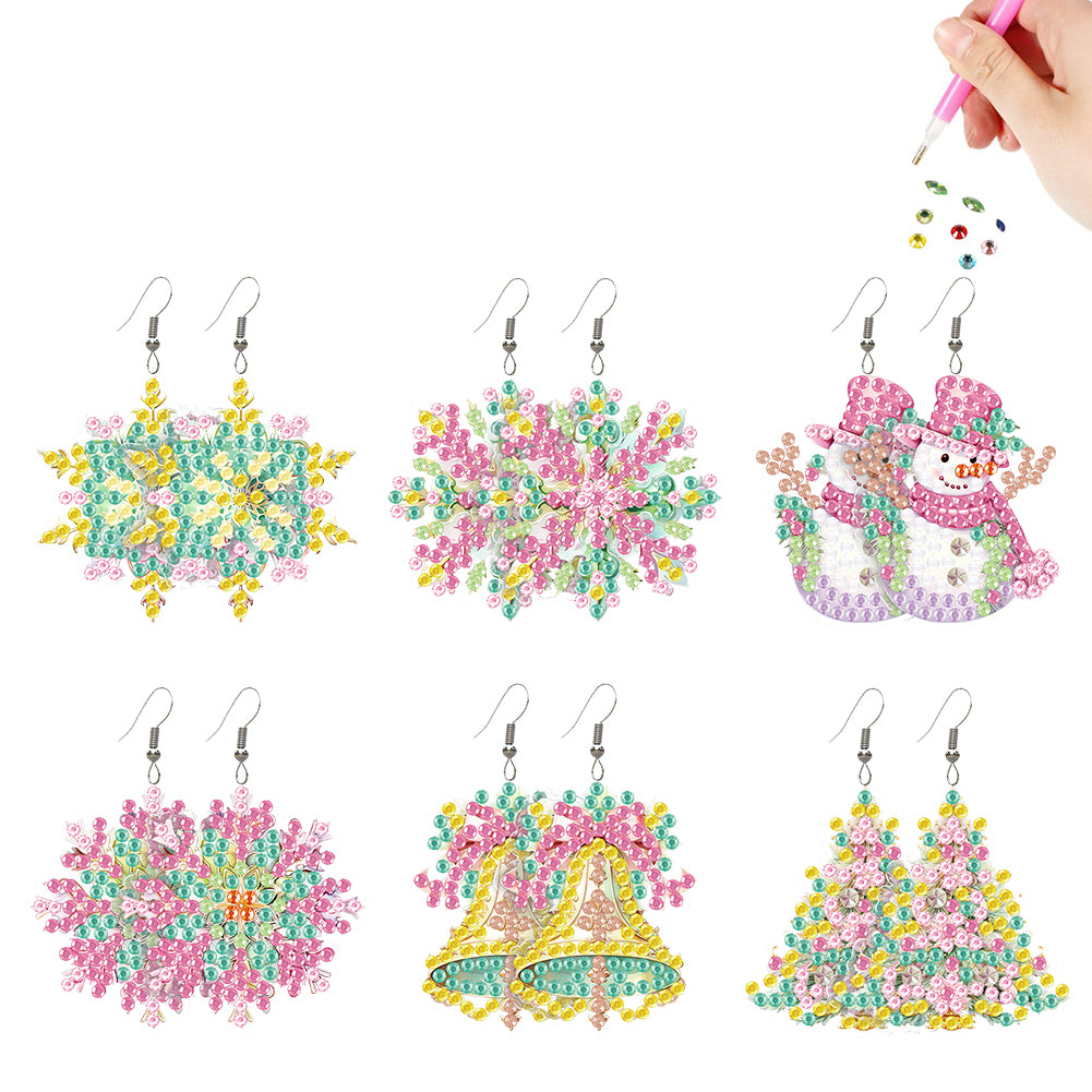 6 Pairs Double Sided Christmas Snowflake Diamond Painting Earrings Jewelry