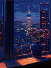 Load image into Gallery viewer, Diamond Painting - Full Round - Late night window vase and Tokyo Skytree in Japan (30*90CM)
