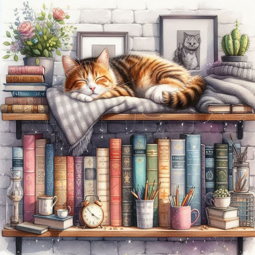 Diamond Painting - Full Round - Cat sleeping on bookshelf (40*40CM)