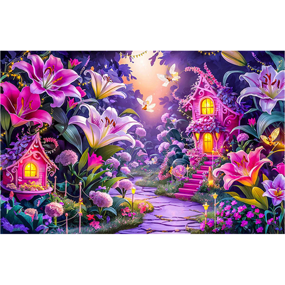 Diamond Painting - Full Round - Purple small house in lily field (60*40CM)