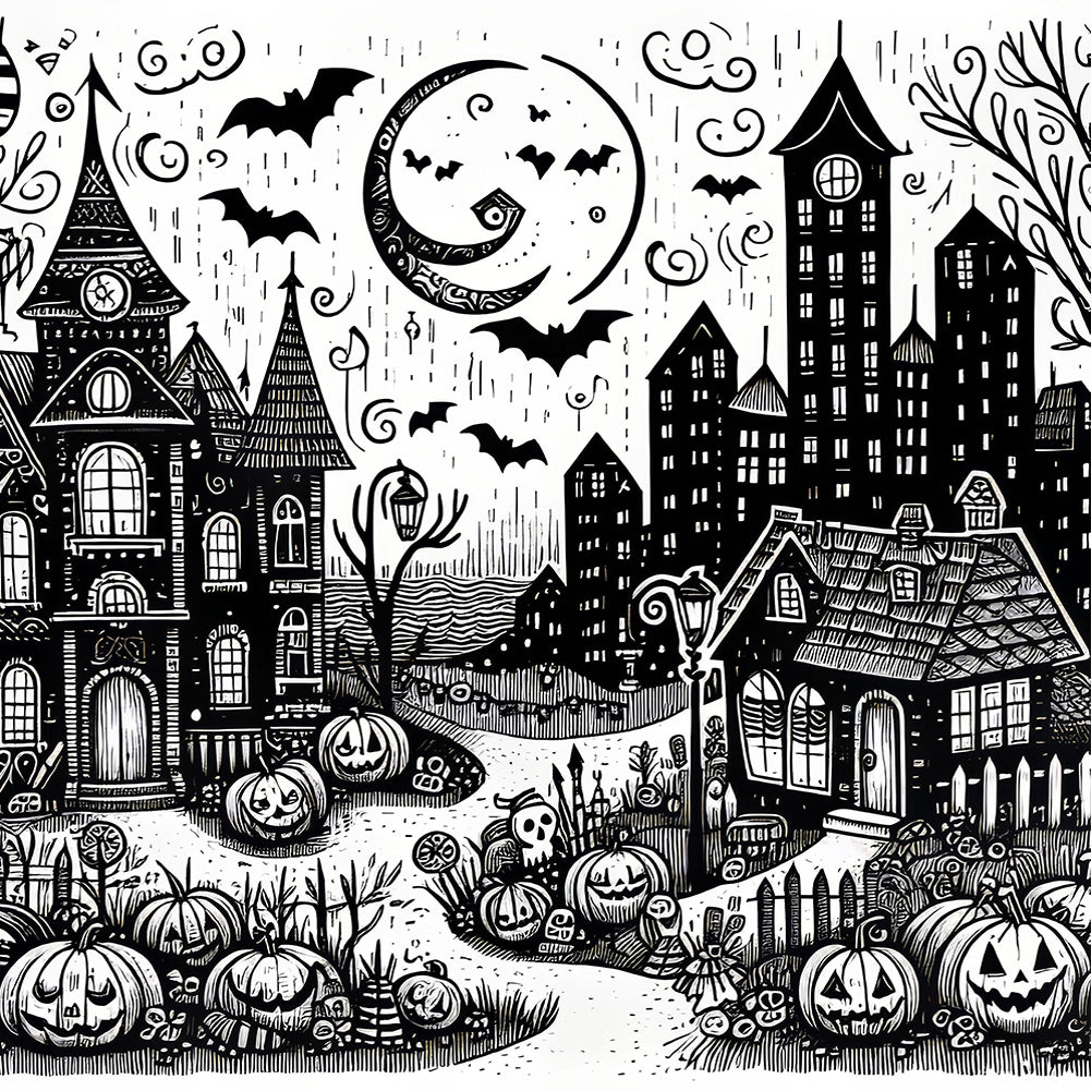 Diamond Painting - Full Round - Black and white Halloween night (40*40CM)