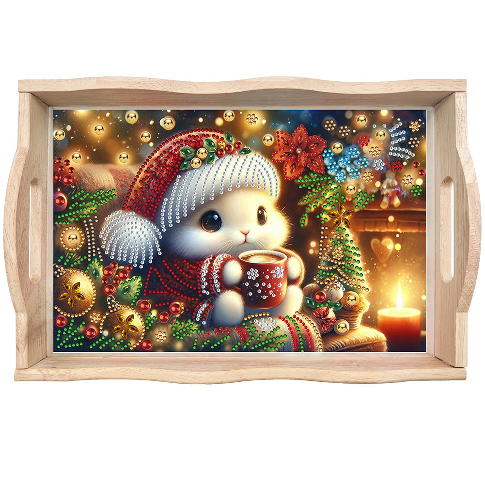 Wooden Christmas Rabbit 5D Diamond Painting Tray Art Craft for Desk Coffee Table