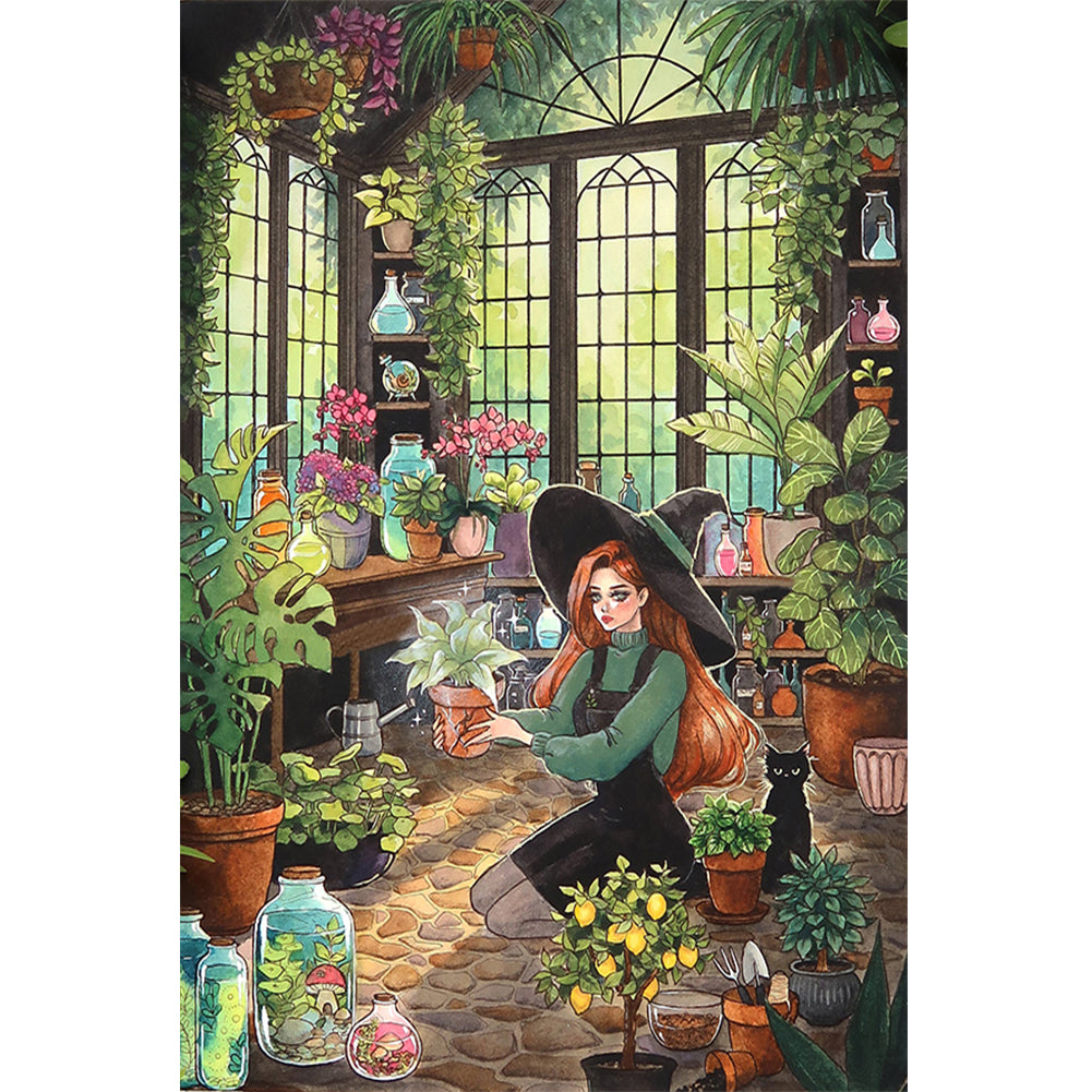 Diamond Painting - Full Round - Girl and black cat in the botanical garden (40*60CM)