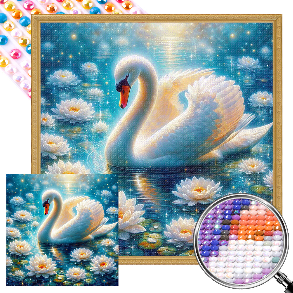 AB Diamond Painting - Full Round - White swan in lotus (40*40CM)