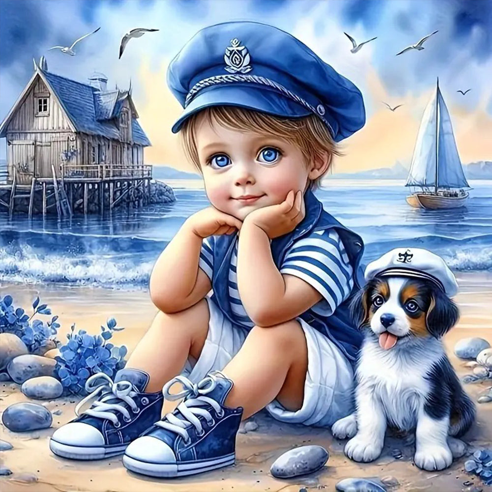 Diamond Painting - Full Round - Little Boy and Dog at the Seaside (40*40CM)