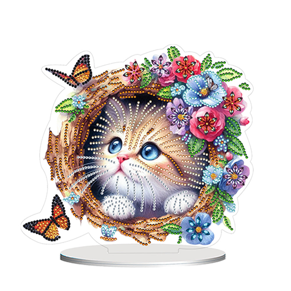 Flowers Kitten Table Top Diamond Painting Ornament Kits Desktop Diamond Art Kits