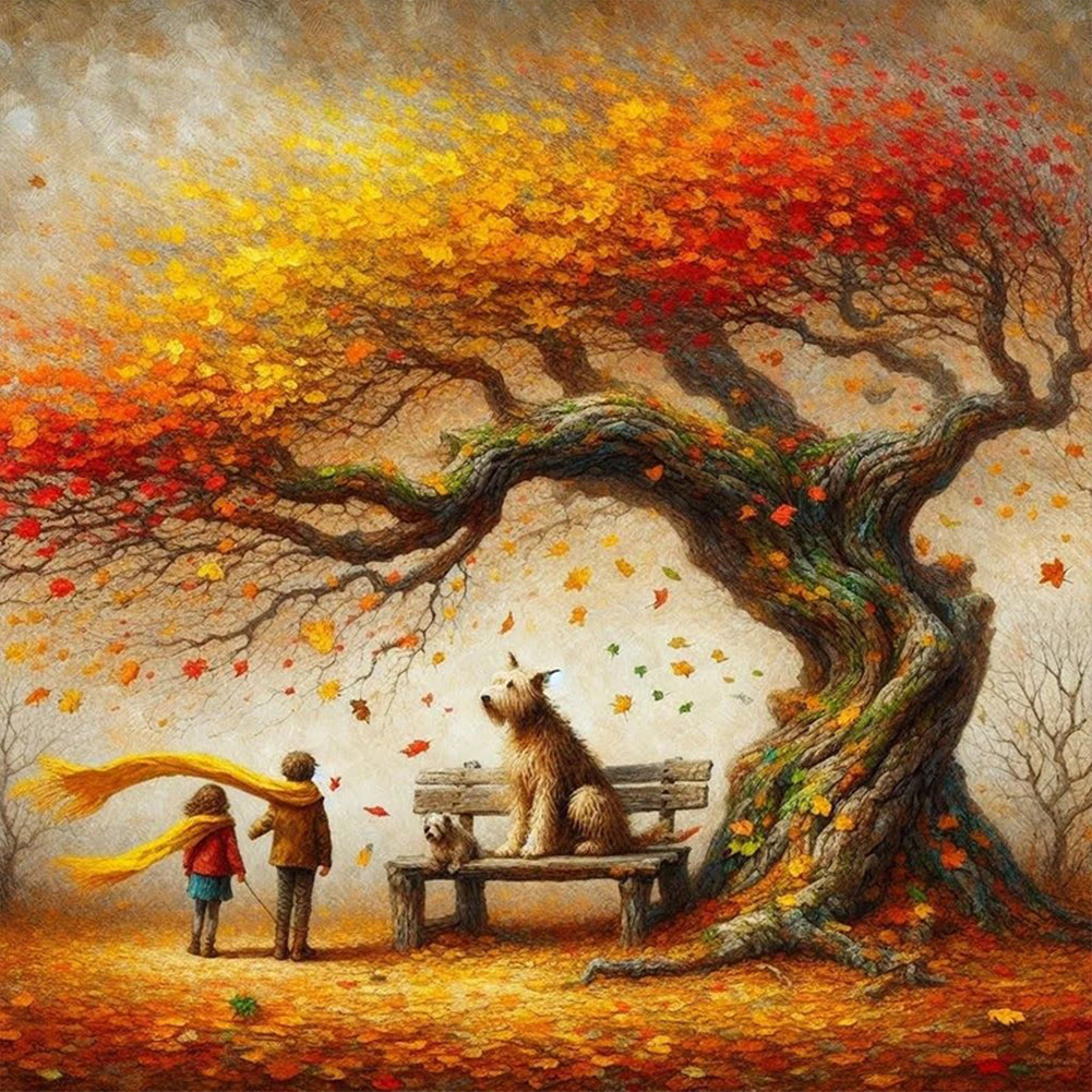 Diamond Painting - Full Round - Dog and family under the big tree in autumn (40*40CM)