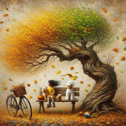 Diamond Painting - Full Round - Dog and family under the big tree in autumn (40*40CM)