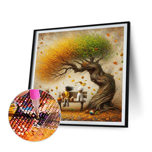 Diamond Painting - Full Round - Dog and family under the big tree in autumn (40*40CM)