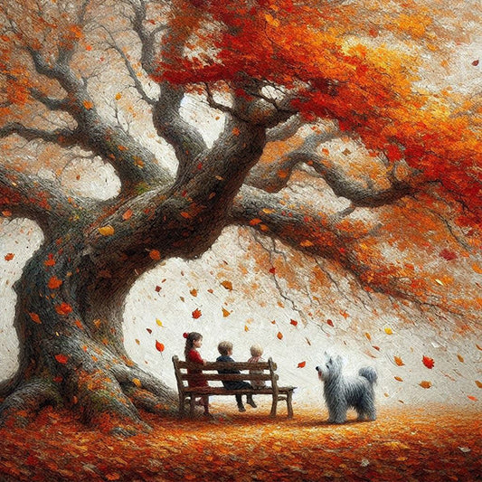 Diamond Painting - Full Round - Dog and family under the big tree in autumn (40*40CM)