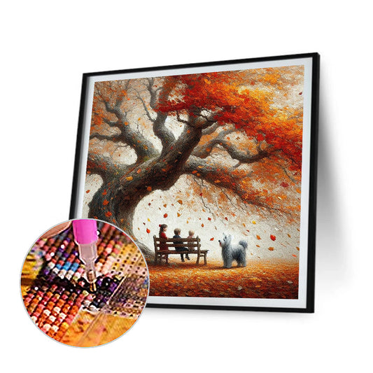Diamond Painting - Full Round - Dog and family under the big tree in autumn (40*40CM)