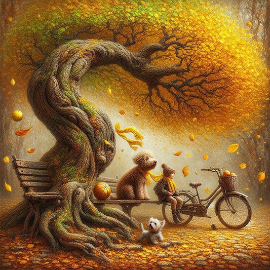 Diamond Painting - Full Round - Dog and family under the big tree in autumn (40*40CM)