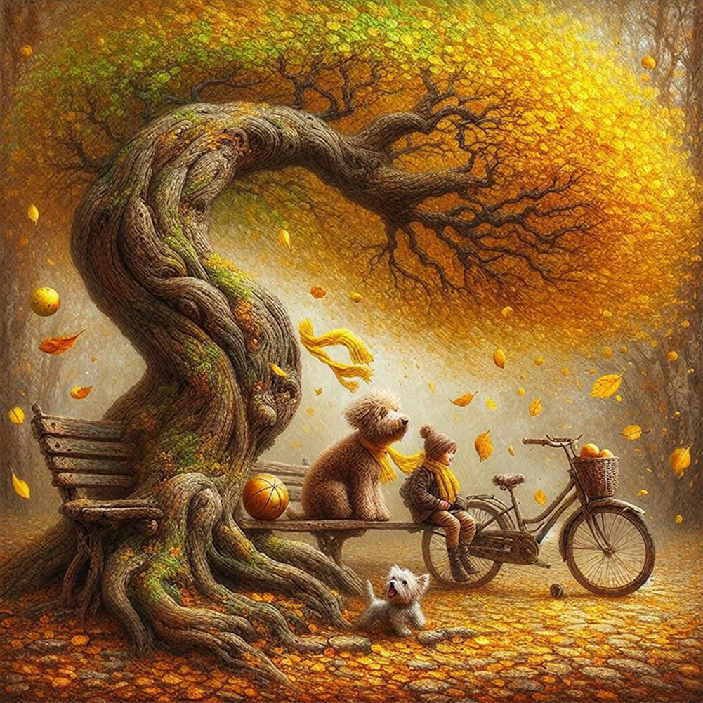 Diamond Painting - Full Round - Dog and family under the big tree in autumn (40*40CM)