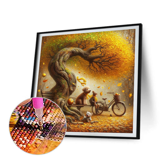 Diamond Painting - Full Round - Dog and family under the big tree in autumn (40*40CM)