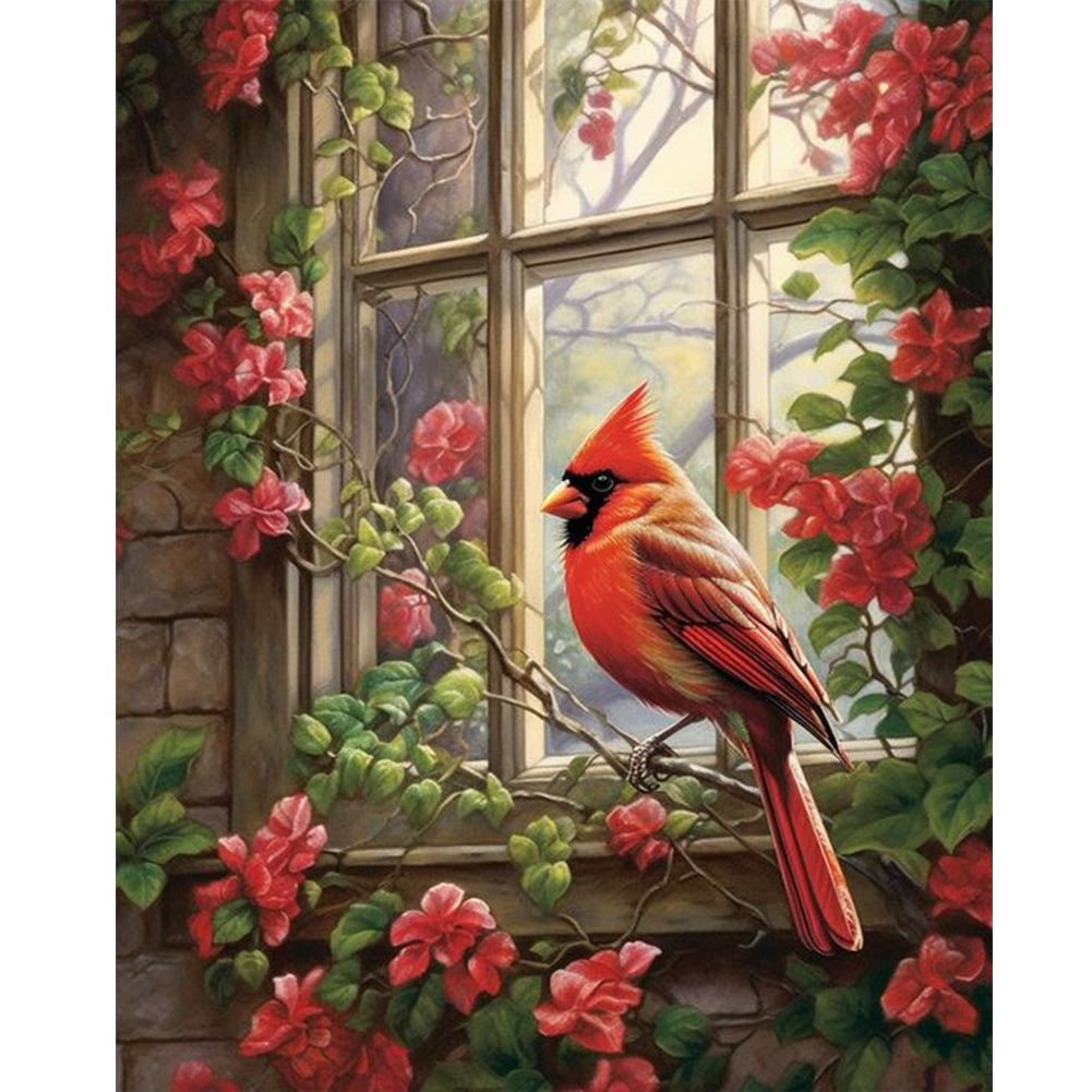 Diamond Painting - Full Round - Flower branch cardinal in front of the window (40*50CM)