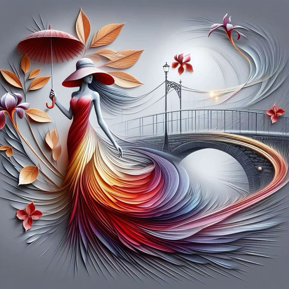Diamond Painting - Full Round - Girl holding an umbrella on the bridge (40*40CM)