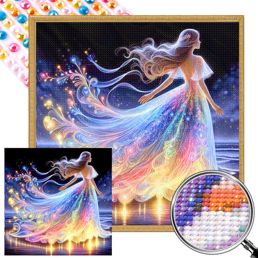 AB Diamond Painting - Full Round - Girl in a long skirt on the beach (40*40CM)