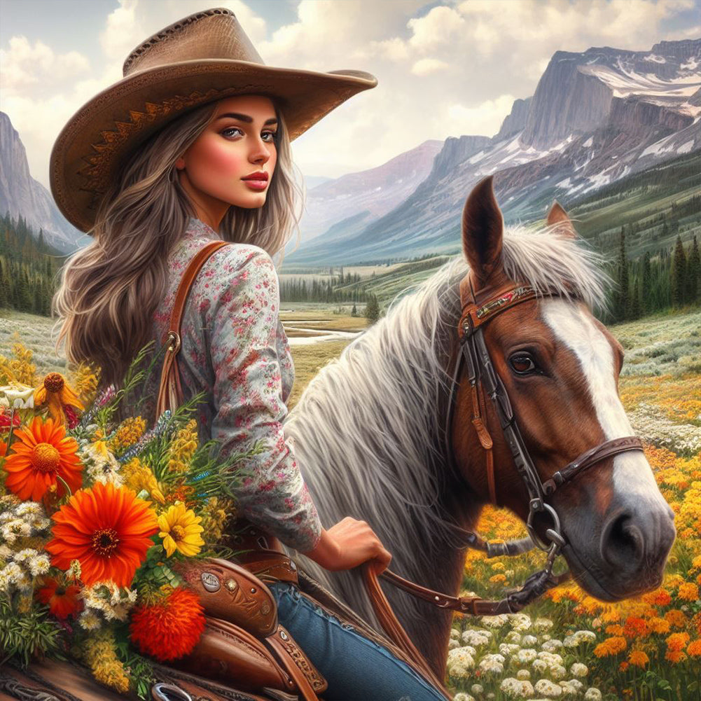 Diamond Painting - Full Round - Cowboy girl riding a horse (40*40CM)