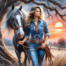 Load image into Gallery viewer, Diamond Painting - Full Round - Cowboy girl at sunset (40*40CM)
