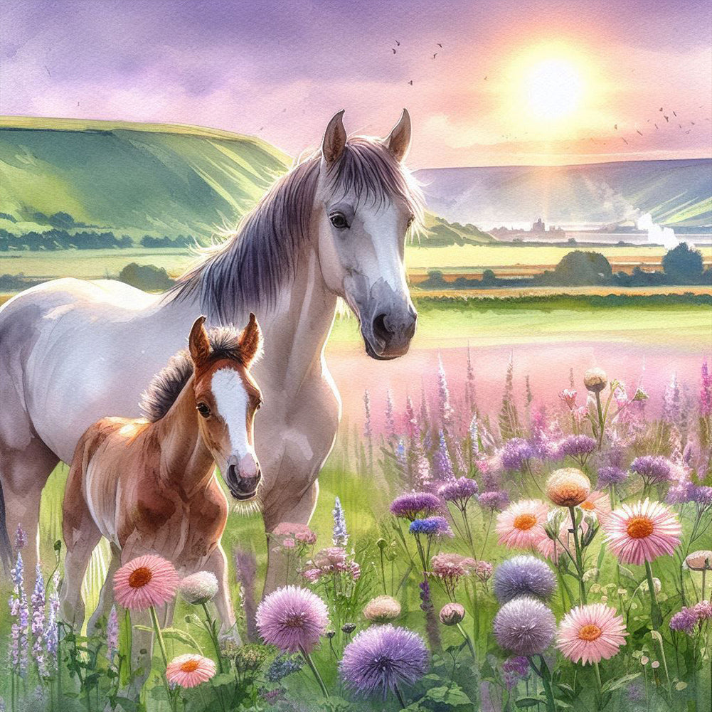 Diamond Painting - Full Round - Horse in a prairie flower field (40*40CM)