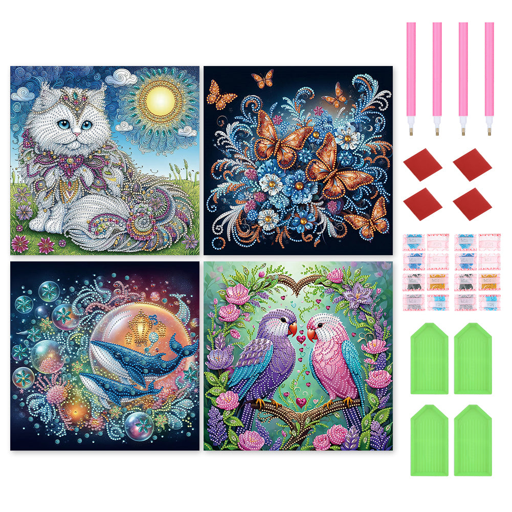 4pcs Diamond Painting - Partial Special Shaped - White Cat Butterfly Whale Parrot (30*30CM)