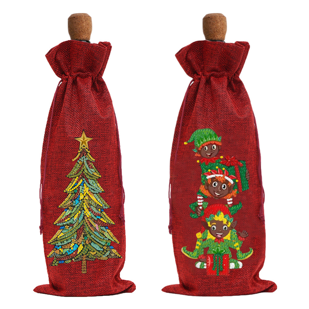 2pcs Christmas Diamond Art Linen Wine Gift Bag Diamond Painting Red Wine Bag (A)