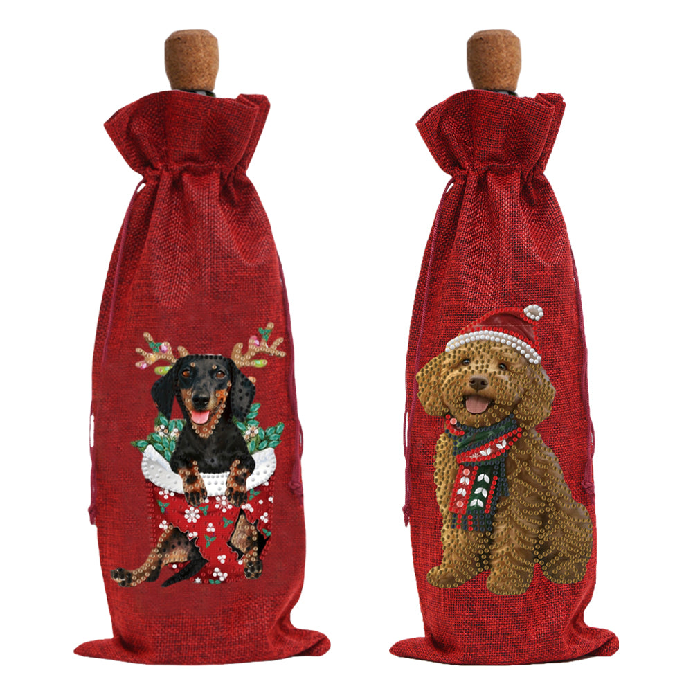 2pcs Christmas Diamond Art Linen Wine Gift Bag Diamond Painting Red Wine Bag (B)