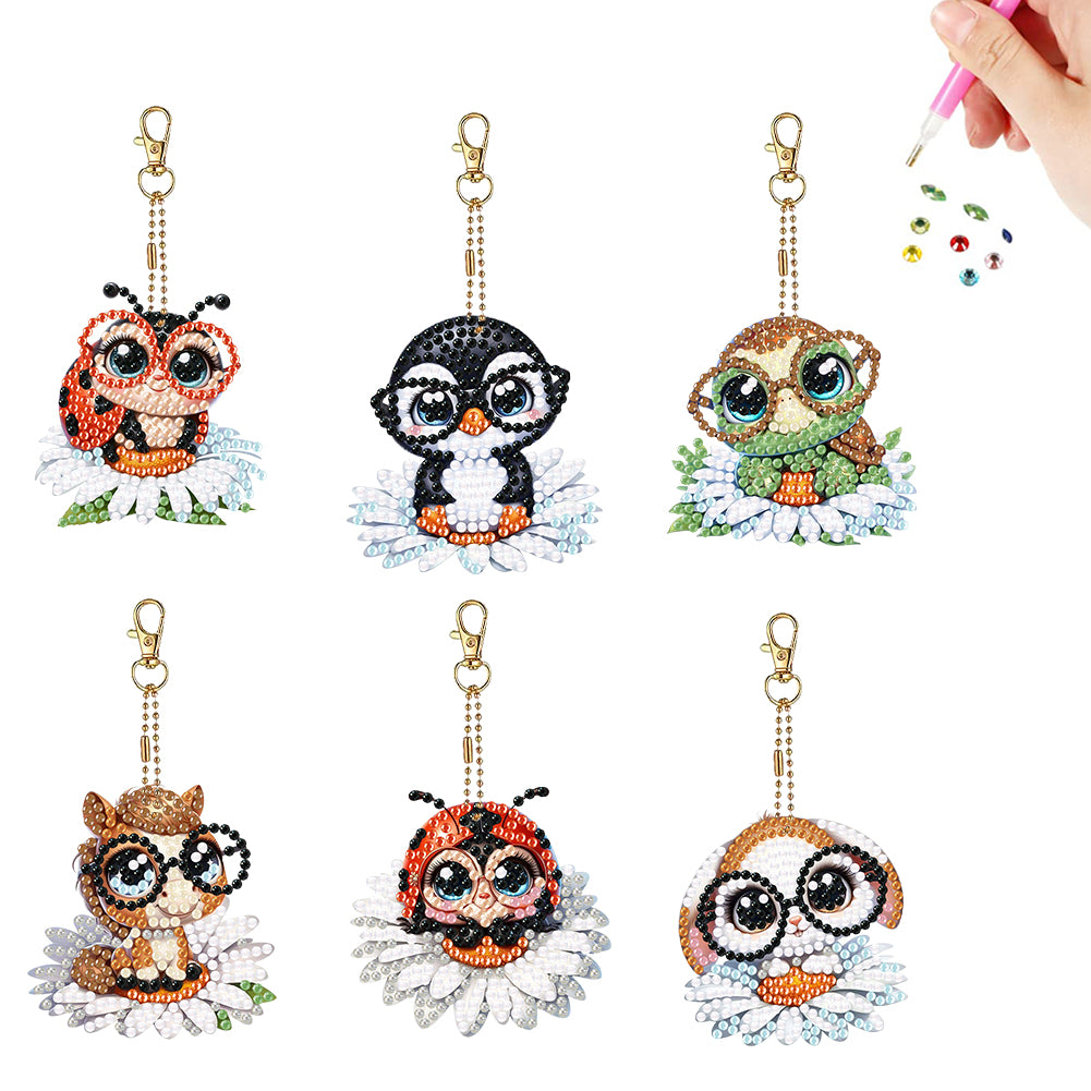 6Pcs Acrylic Double Sided Animals Diamond Art Keyring Diamond Art Craft Keychain