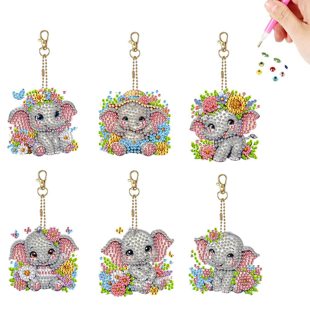 6Pcs Acrylic Double Sided Animals Diamond Art Keyring Diamond Art Craft Keychain