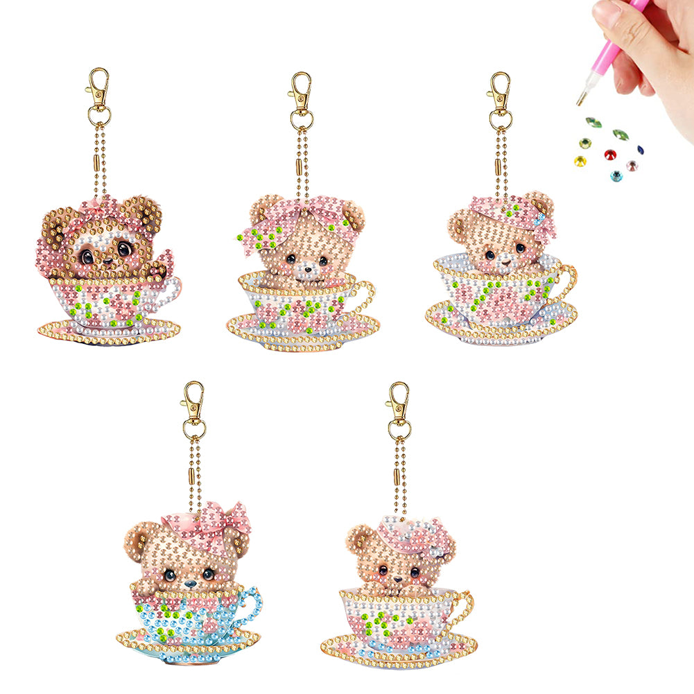 5Pcs Acrylic Double Sided Cute Bear Diamond Painting Keychain for Party Supplies