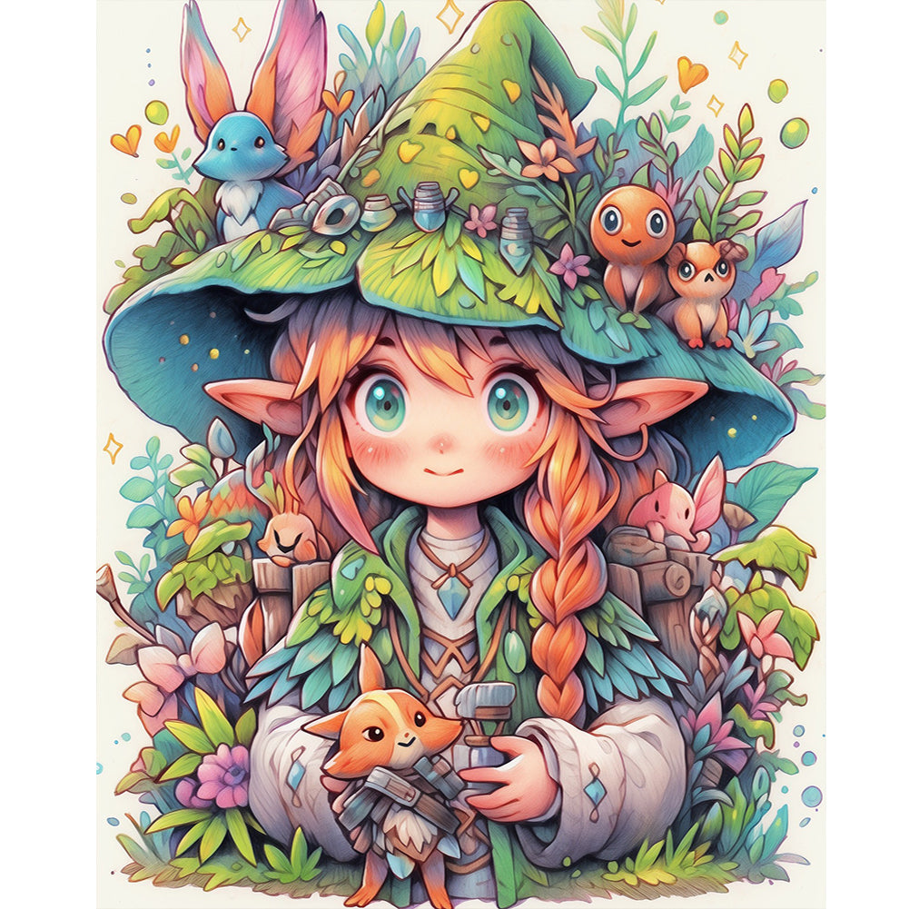 Diamond Painting - Full Round - Forest Animals and Elf Girl (40*50CM)
