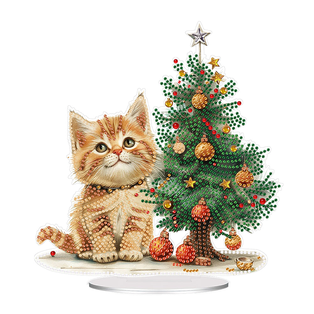 Acrylic Special Shape Christmas Tree Orange Cat Diamond Painting Desktop Decors
