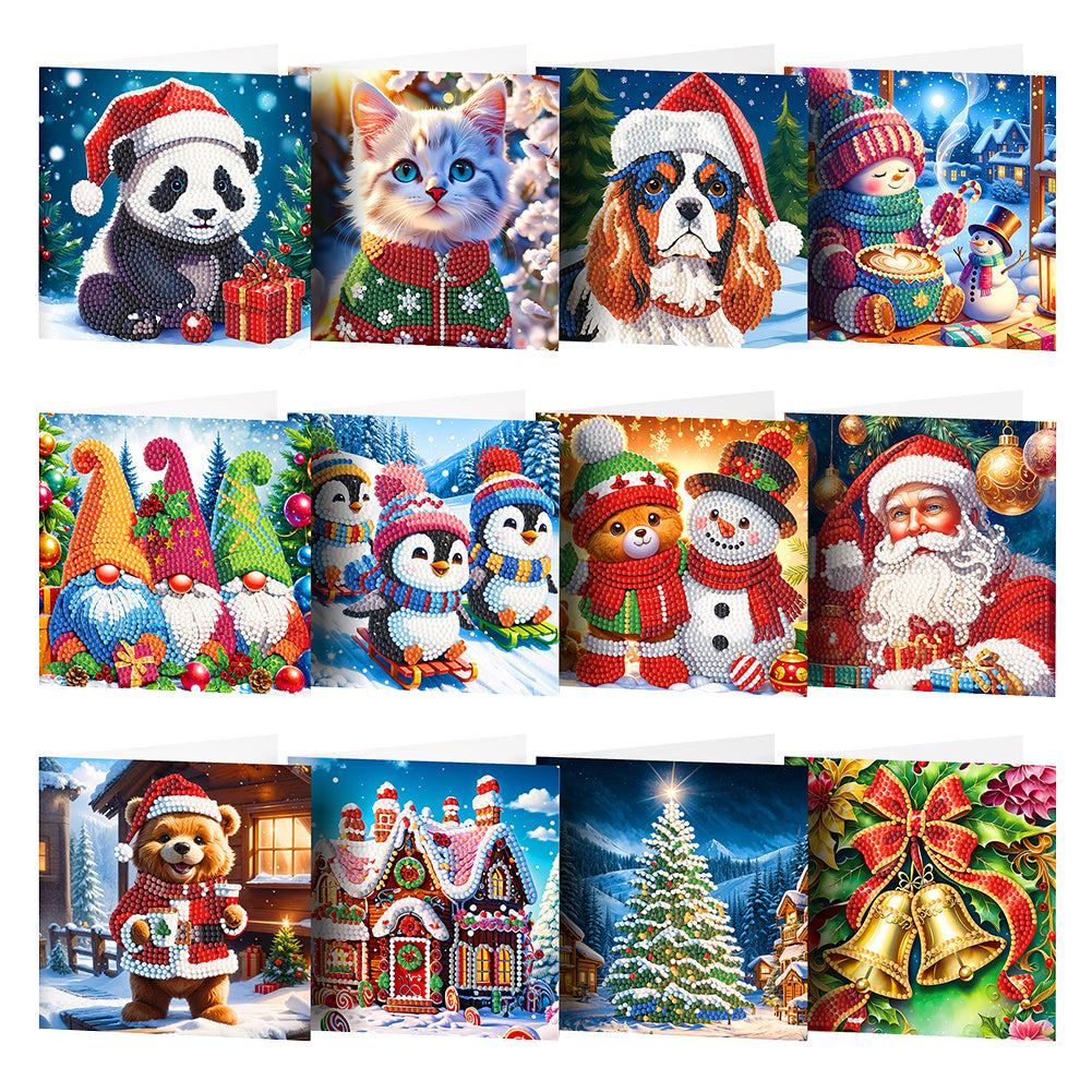 12pcs Christmas Diamond Painting Greeting Cards Diamond Art Christmas Cards (A)