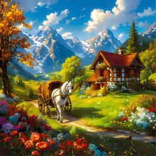 Load image into Gallery viewer, Diamond Painting - Full Round - White horse house and flower bushes in snowmelt mountain (30*30CM)
