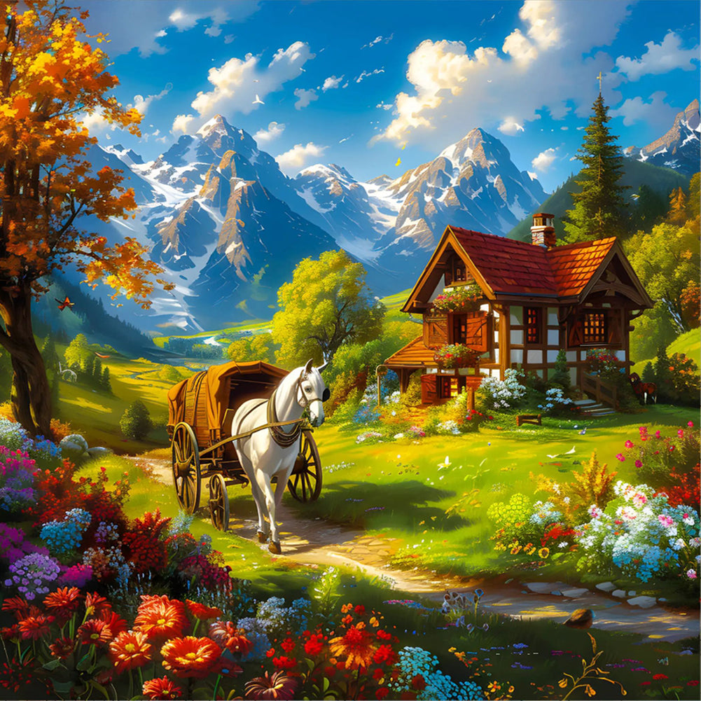 Diamond Painting - Full Round - White horse house and flower bushes in snowmelt mountain (30*30CM)