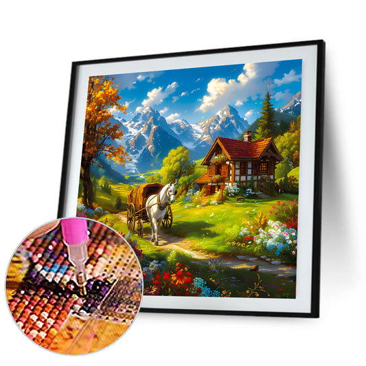 Diamond Painting - Full Round - White horse house and flower bushes in snowmelt mountain (30*30CM)