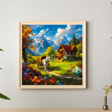Load image into Gallery viewer, Diamond Painting - Full Round - White horse house and flower bushes in snowmelt mountain (30*30CM)
