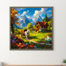 Load image into Gallery viewer, Diamond Painting - Full Round - White horse house and flower bushes in snowmelt mountain (30*30CM)
