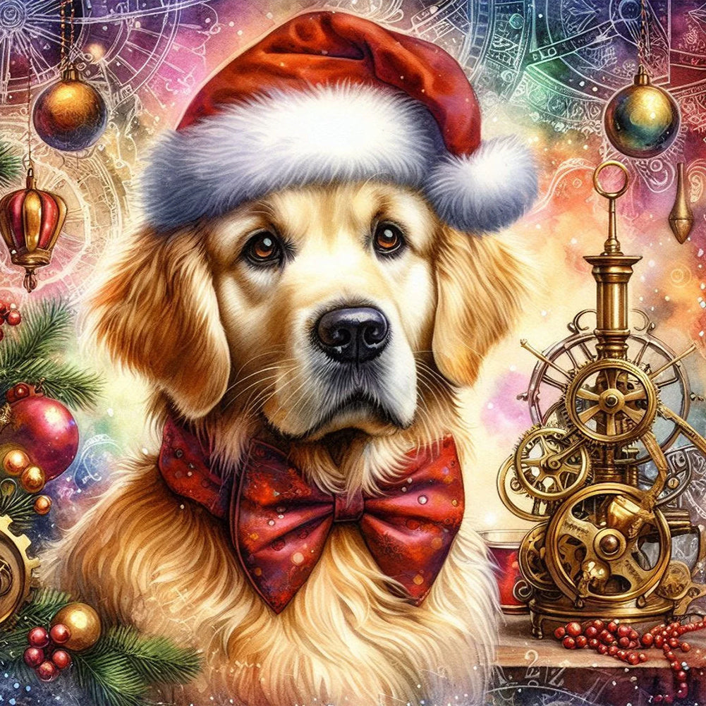 Diamond Painting - Full Round - Golden retriever in a Christmas hat (30*30CM)