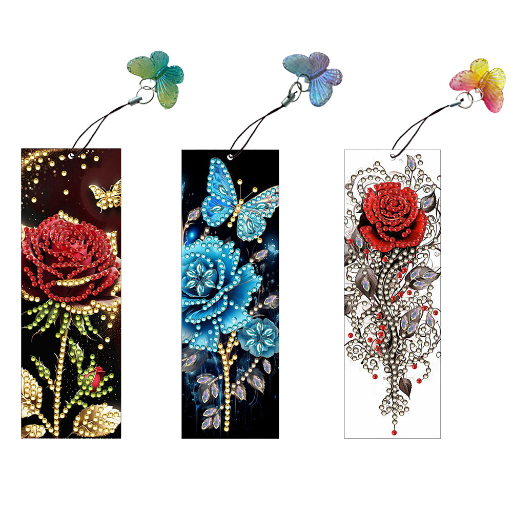 3Pcs PET Special Shaped Christmas Rose DIY Diamond Bookmark with Crystal Pendant