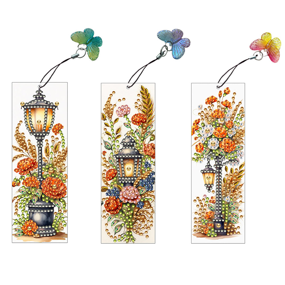 3Pcs Special Shape Flowers Under Street Lamp Diamond Painting Art Bookmark