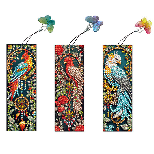3Pcs Special Shape Birds Diamond Painting Art Bookmark with Pendant for Books